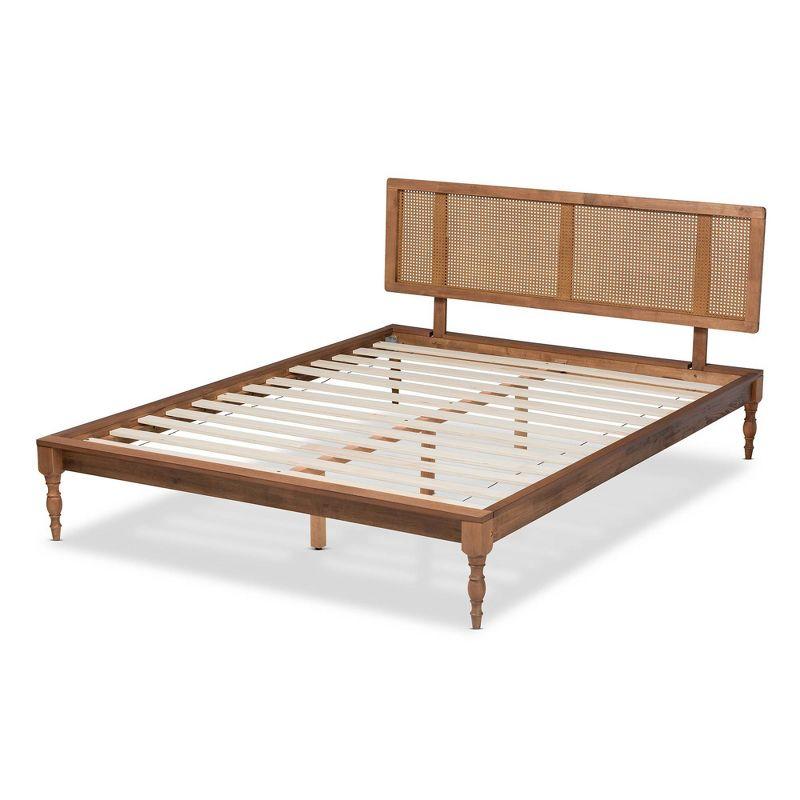 Romy Full Size Walnut Wood and Rattan Upholstered Bed