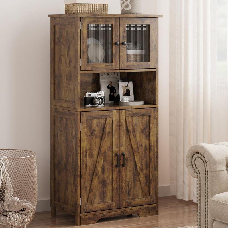 Freestanding Floor Linen Storage Cabinet with Glass Doors & Adjustable Shelves, Standing Cupboard for Bathroom, Kitchen, Living Room, Vintage