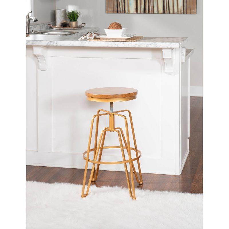 Adjustable Rustic Brown Swivel Stool with Matte Gold Metal Frame