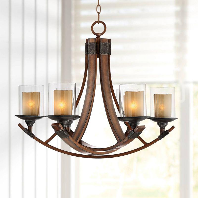 Franklin Iron Works Mahogany Wood Finish Chandelier 27 1/2" Wide Rustic Curving Clear Outer Scavo Inner Glass 6-Light Fixture Dining Room