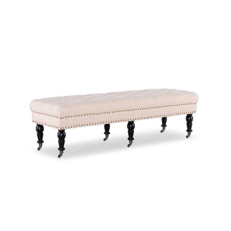 Isabelle 62'' Natural Linen Upholstered Bench with Bronze Nailheads