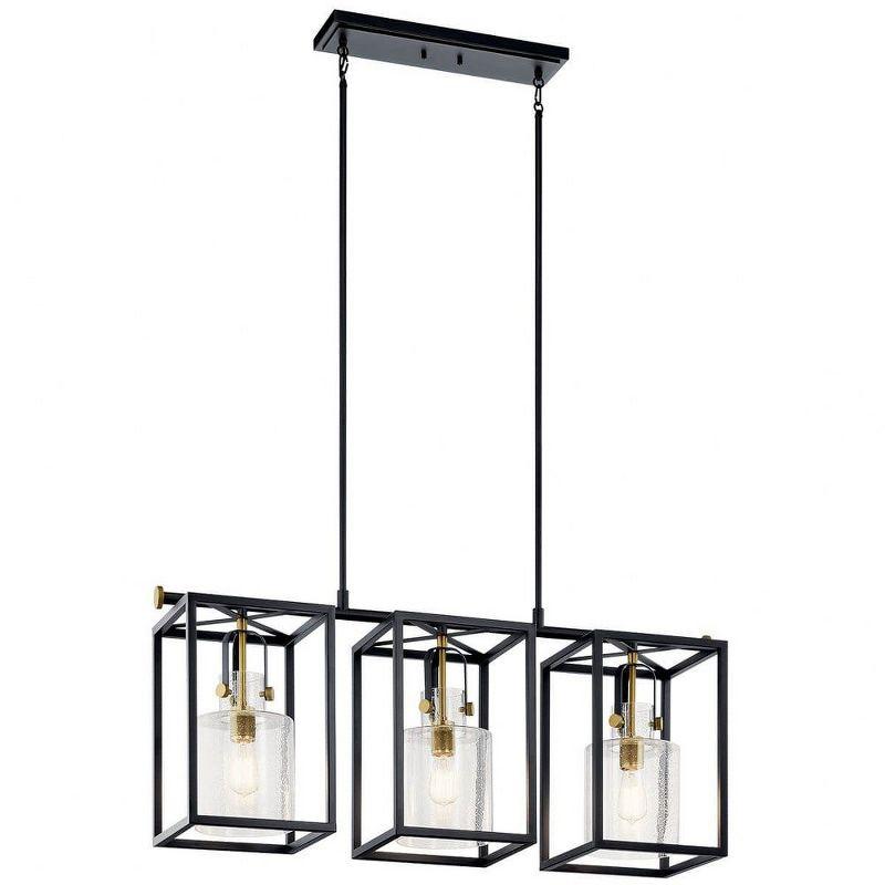 Natural Brass and Black 3-Light Linear Chandelier with Clear Seeded Glass