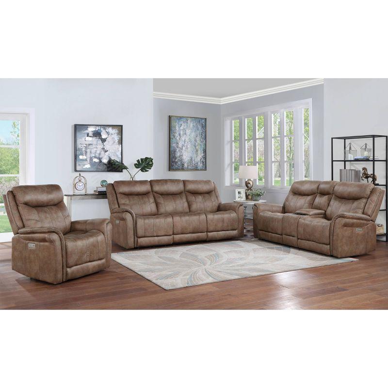 Camel Faux-Suede Power Reclining Sofa with Nailhead Trim