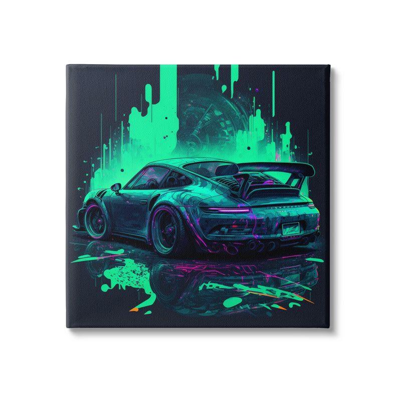 Urban Sports Car Neon Graffiti Canvas Wall Art, 17 x 17