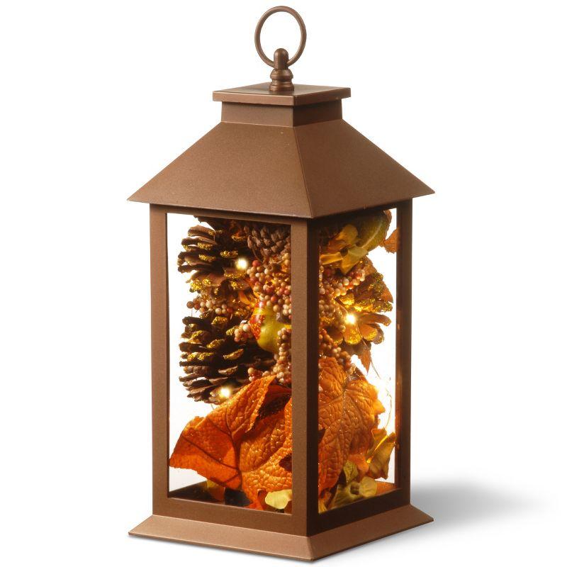 12" Brown Plastic Lantern with Fall Decor and LED Lights