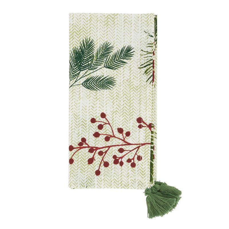 Pine Needle and Red Berry Cotton Holiday Table Napkins Set