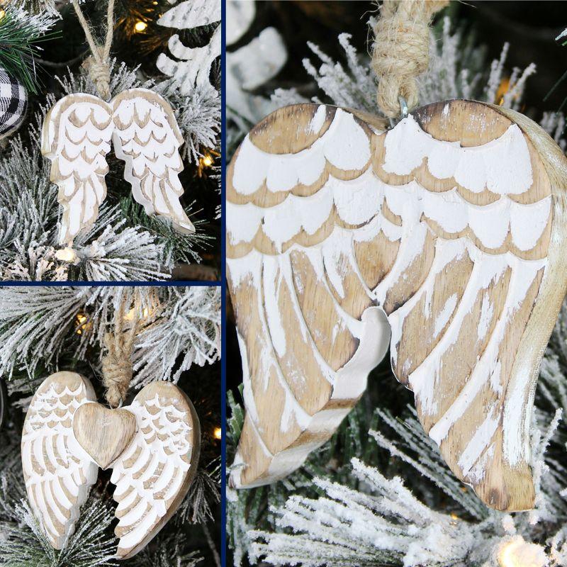 AuldHome Design Angel Wing Wooden Ornaments Set of 6; Farmhouse Rustic Carved Wood Christmas Decorations