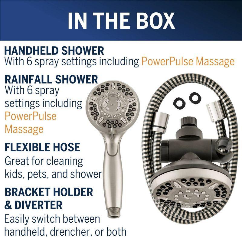 6+6 Power Pulse Dual Shower Head Brushed Nickel - Waterpik: EPA WaterSense, 12 Spray Options, Handheld Combo