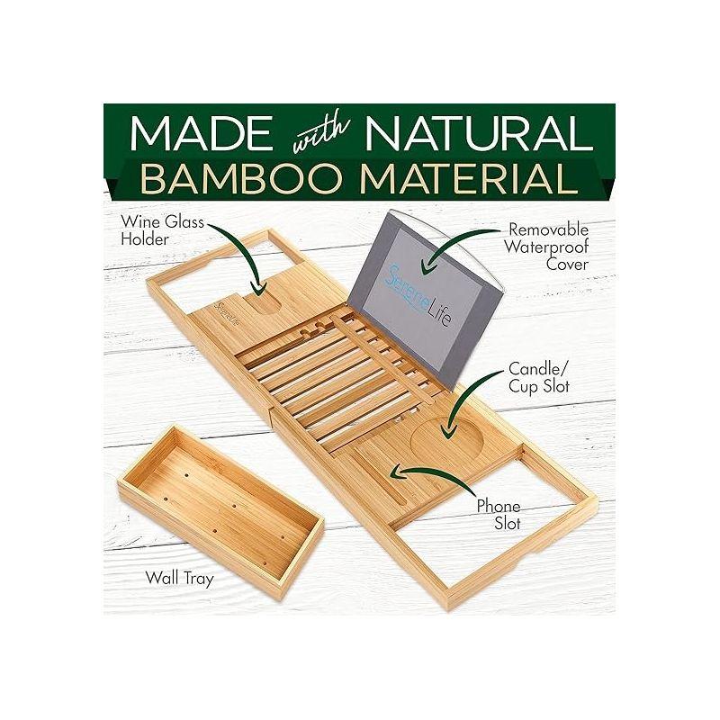 SereneLife Luxury Bamboo Bathtub Caddy - Adjustable Natural Wood with Glass Holder