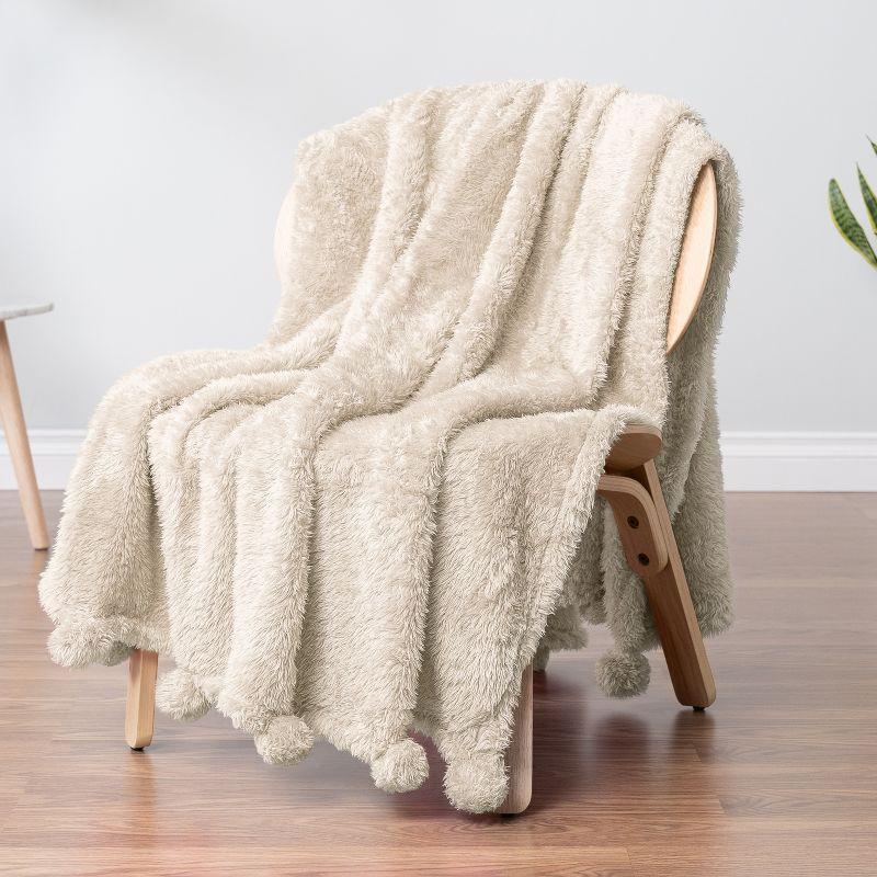 Ivory Cream Sherpa Fleece Throw Blanket with Pom Poms