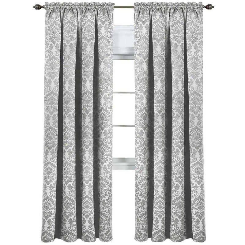 Silver Damask Design Blackout Rod Pocket Curtain Panels