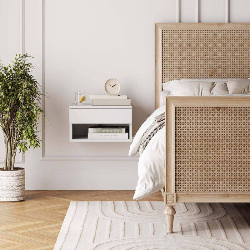 White Floating Wall-Mounted Nightstand with Drawer and Shelf