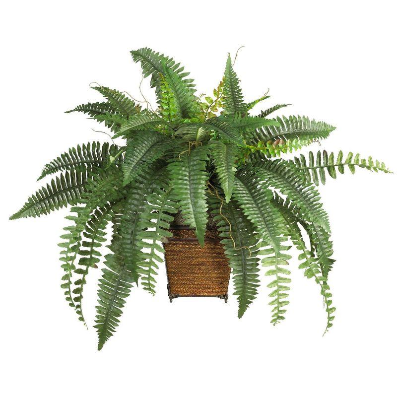 Nearly Natural Green Silk Fern in Wicker Basket