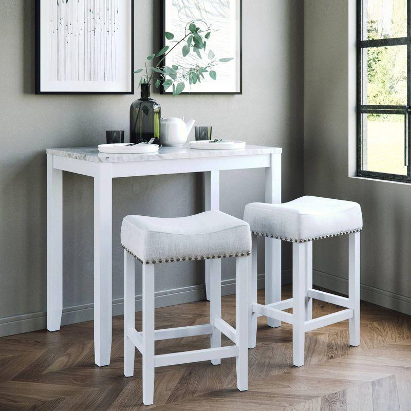 38&#34; Solid Wood Pub Dining Table and Stool Set White Marble/Light Gray Linen - Nathan James