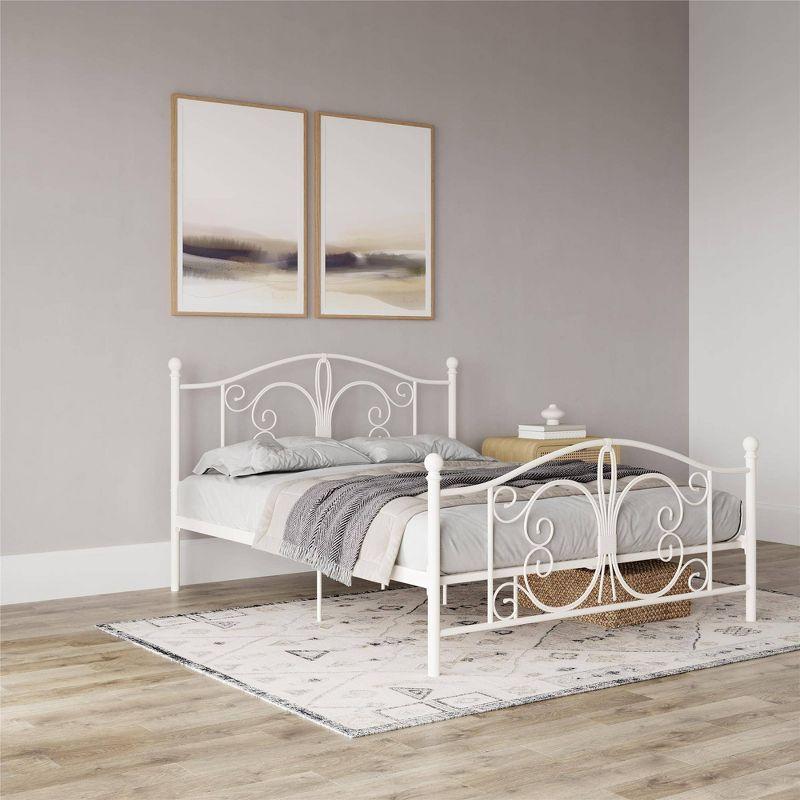 White Metal Full Bed with Scrollwork Headboard