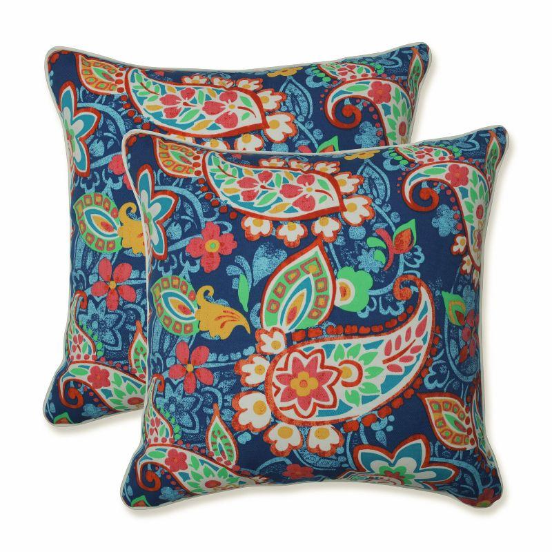 Paisley Party Blue and Multicolor Outdoor Throw Pillows Set