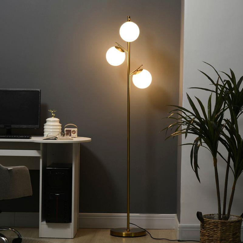 HOMCOM 3-Light Modern Floor Lamp for Living Room Bright Lighting, Tree Standing Lamp for Bedroom with Globe Lampshades, Gold