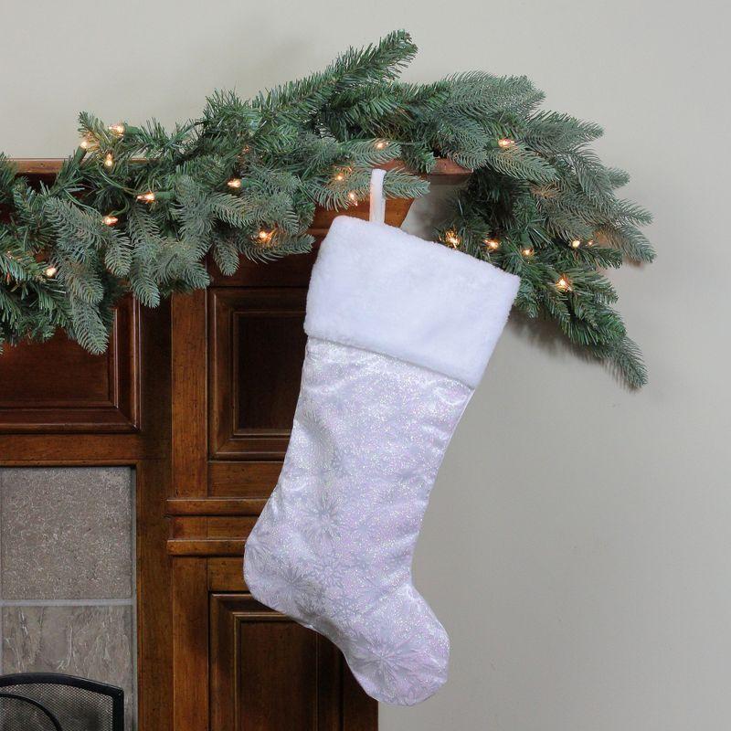 White Iridescent Glitter Snowflake Christmas Stocking with Faux Fur Cuff