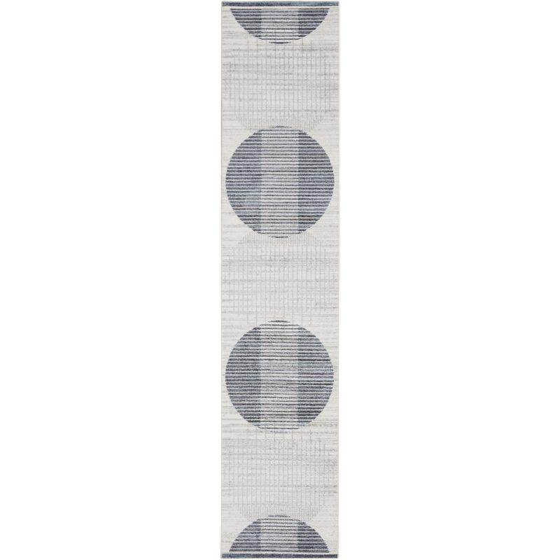Nourison Astra Machine Washable Semi Circles Mid-Century Modern Indoor Bathroom, Kitchen Runner Rug Ivory Blue 2'2" x 12'