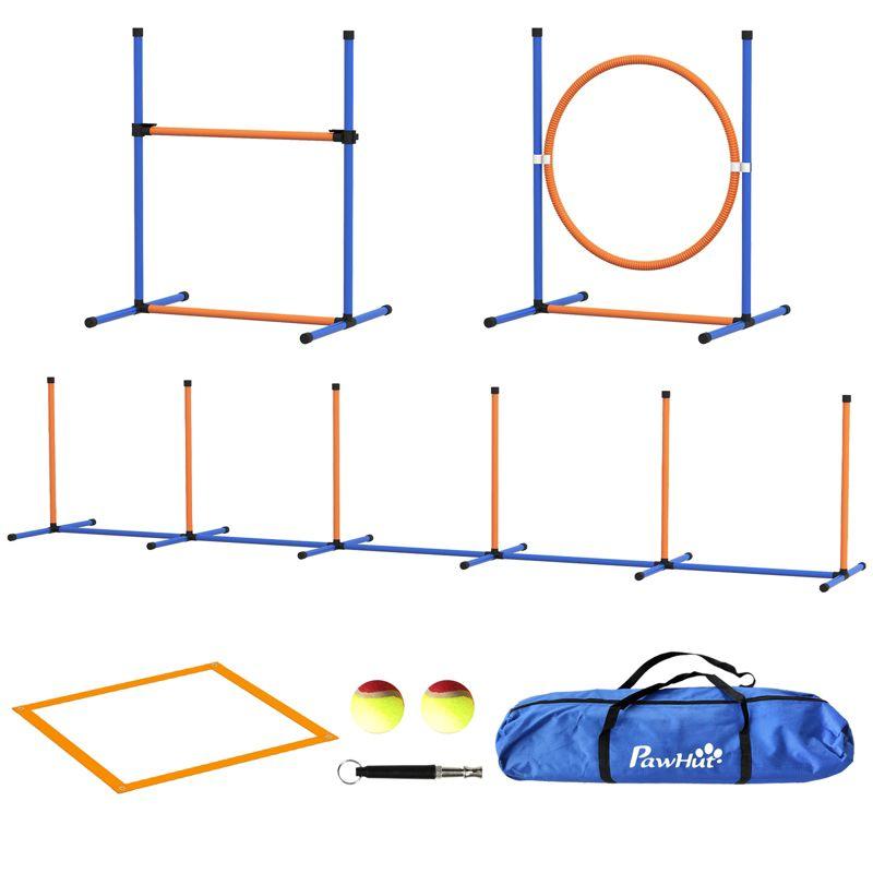 PawHut 4 Pcs Dog Agility Training Equipment, Obstacle Course Starter Kit with Weave Poles, Adjustable Hurdle Jumping Ring, Pause Box for Backyard