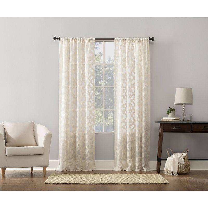 Cream Off-White Sheer Lace Detail Rod Pocket Drapes