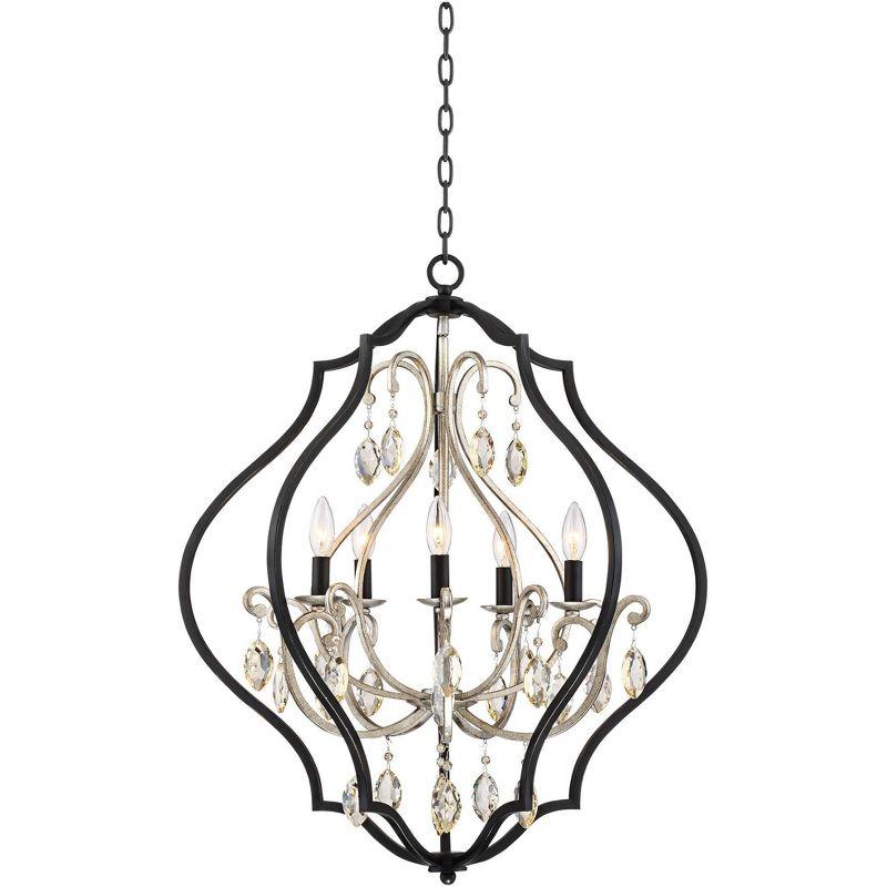 Elegant Black and Silver Cage Chandelier with Amber Crystal Accents
