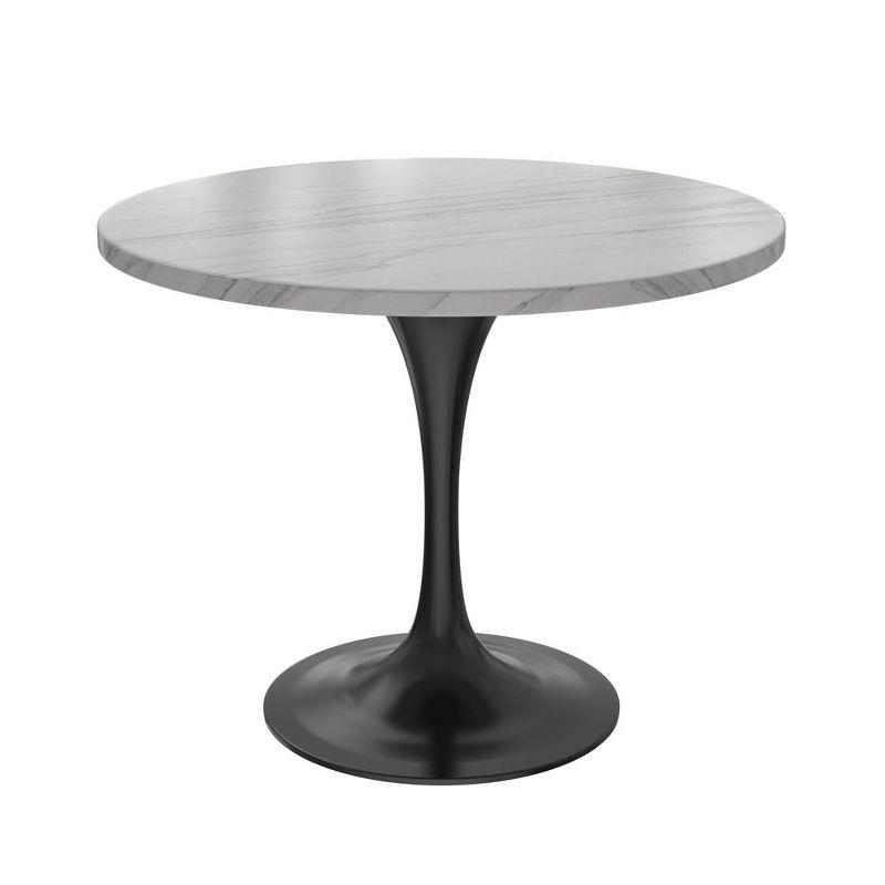 LeisureMod Verve Mid-Century Modern Table with a 36" Round Sintered Stone Tabletop and Black Steel Pedestal Base for Kitchen and Dining Room