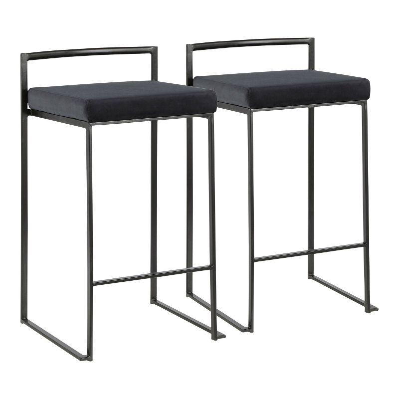 Set of 2 Black Metal and Velvet Contemporary Counter Stools