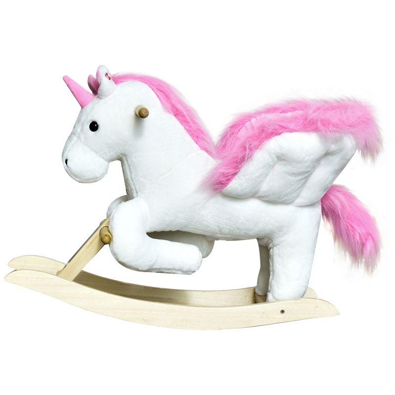 Qaba Kids Rocking Horse, Wooden Plush Ride-On Unicorn Chair Toy with Lullby Song for 18-36 months children