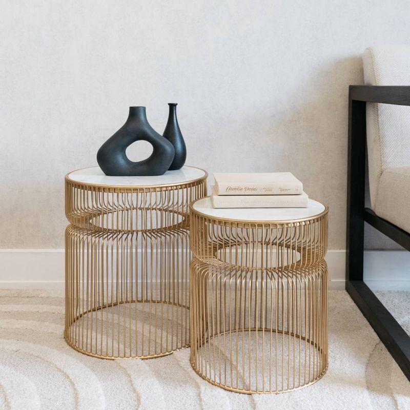 Set of 2 Vernway Side Tables White/Gold - Signature Design by Ashley: Marble Top, Contemporary Living Room Furniture Set
