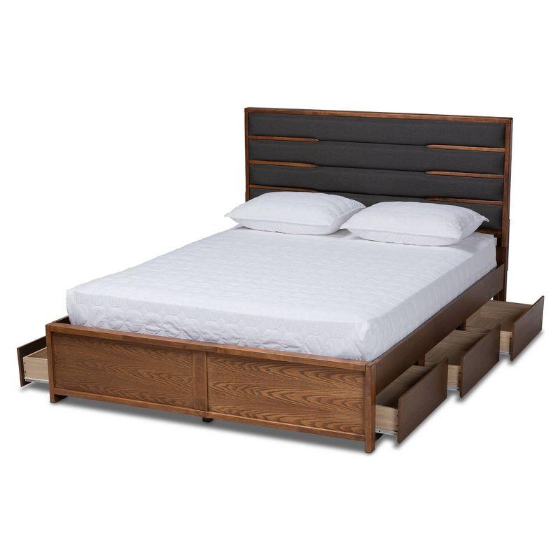 Elin Walnut King Storage Bed with Grey Upholstered Headboard