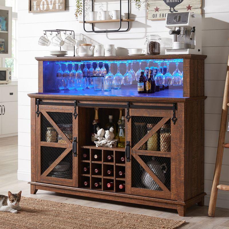 SinCiDo 55" Coffee Bar Cabinet with LED Lights & Sliding Barn Door & Wine and Glass Rack, Wine Bar Cabinet w/Storage Shelves, Reclaimed Barnwood