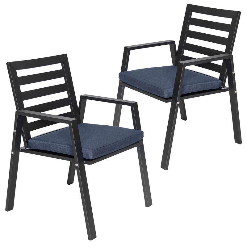 LeisureMod Chelsea Modern Patio Dining Armchair in Aluminum with Removable Cushions Set of 2 in Charcoal Blue