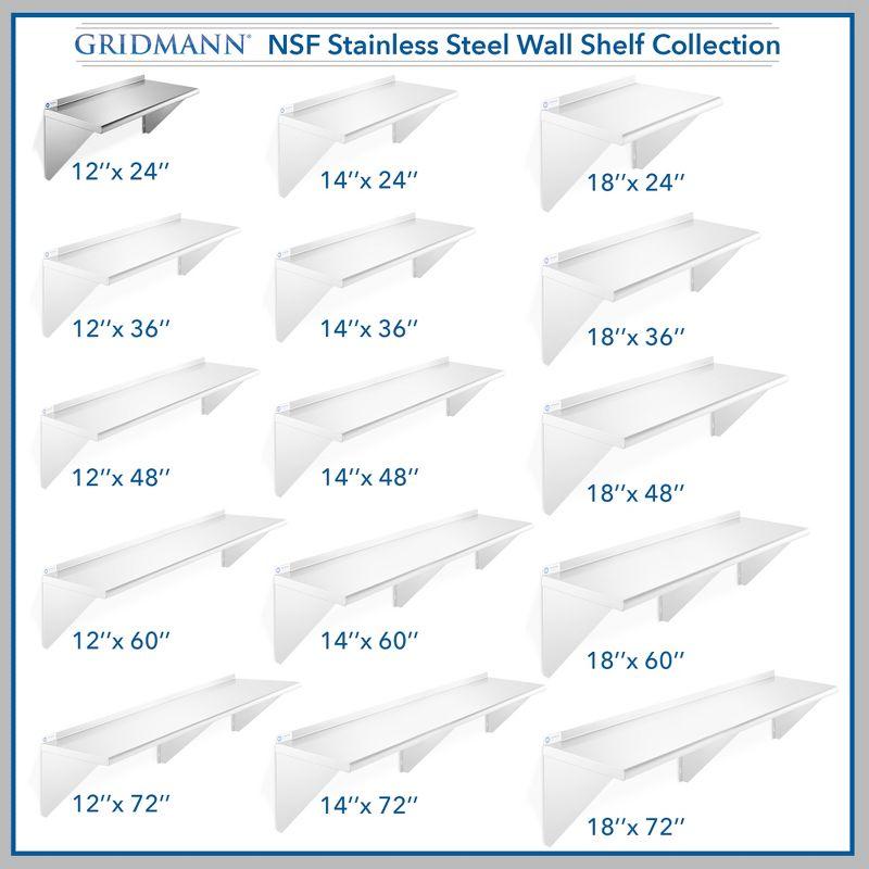 GRIDMANN 12" Deep Stainless Steel Kitchen Wall Mount Shelves with Backsplash - NSF Certified