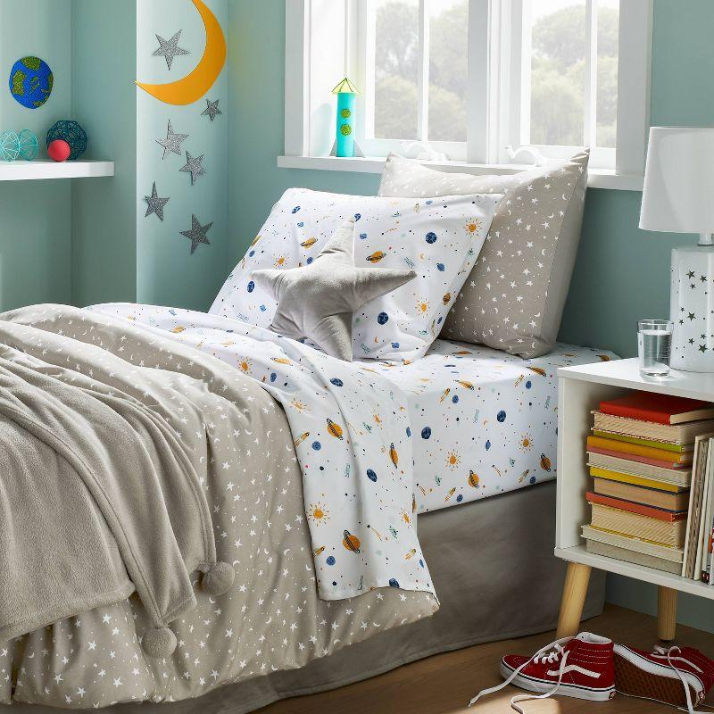 Twin White Microfiber Space Print Boys' Sheet Set