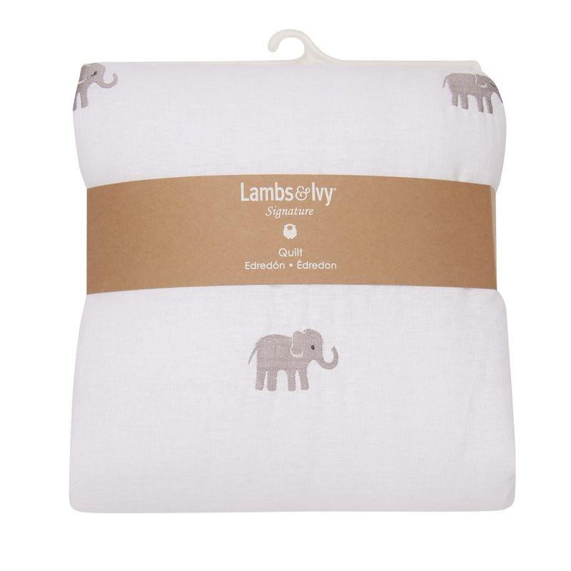 Lambs & Ivy Signature Elephant Creamy White Linen Embroidered Baby Crib Quilt