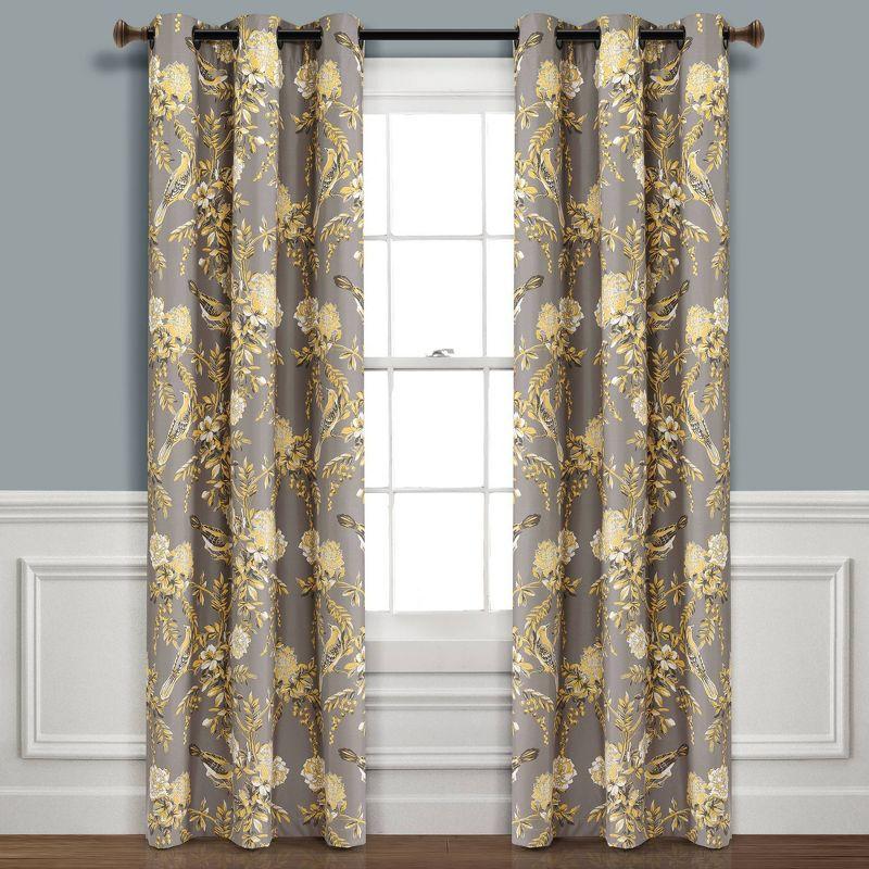 Gray and Yellow Floral Blackout Grommet Curtain Panels for Kids