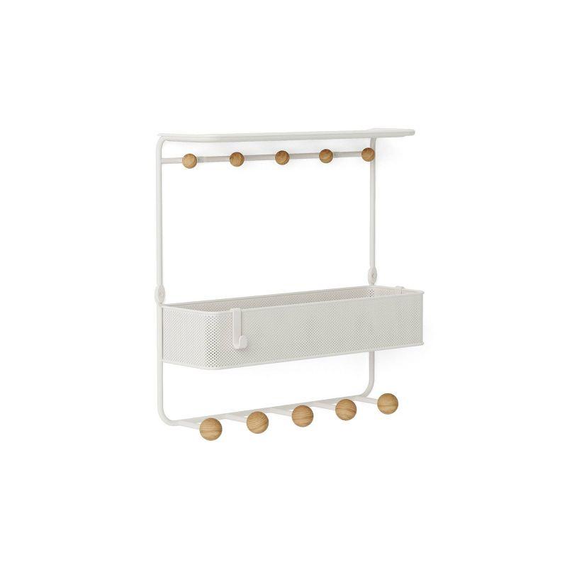 Estique White/Natural 10-Hook Wall Shelf with Perforated Metal Basket