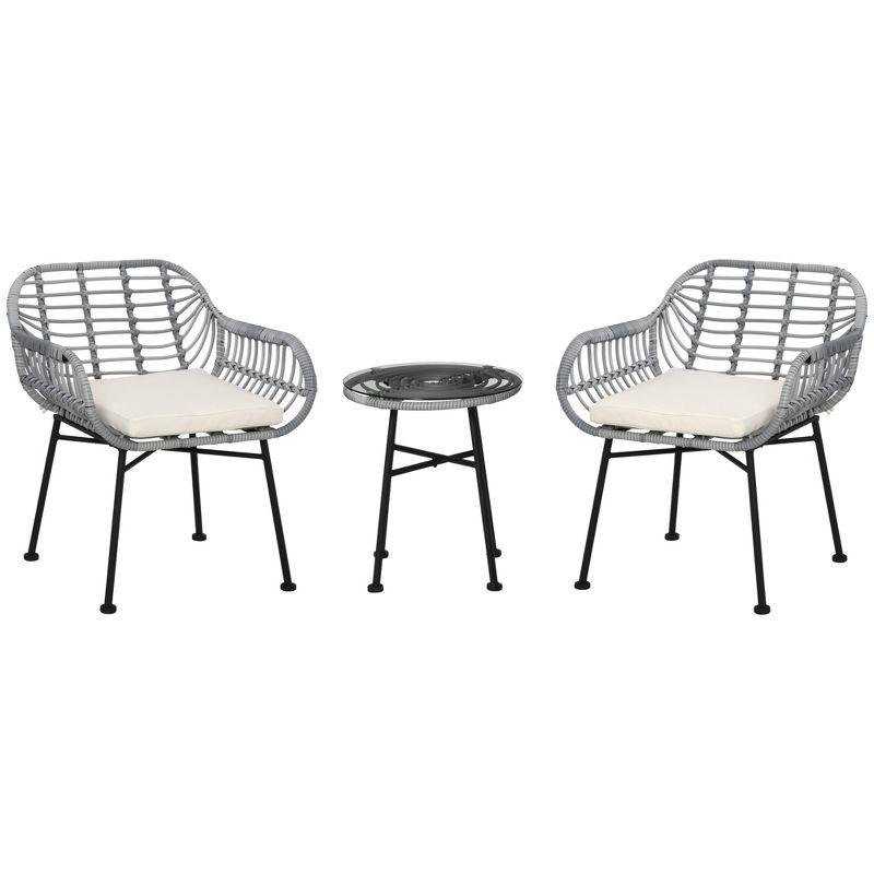 Outsunny 3-Piece Patio Rattan Chair and Table Furniture Set, Outdoor Bistro Set with Two Chairs and Coffee Table for Garden, or Backyard