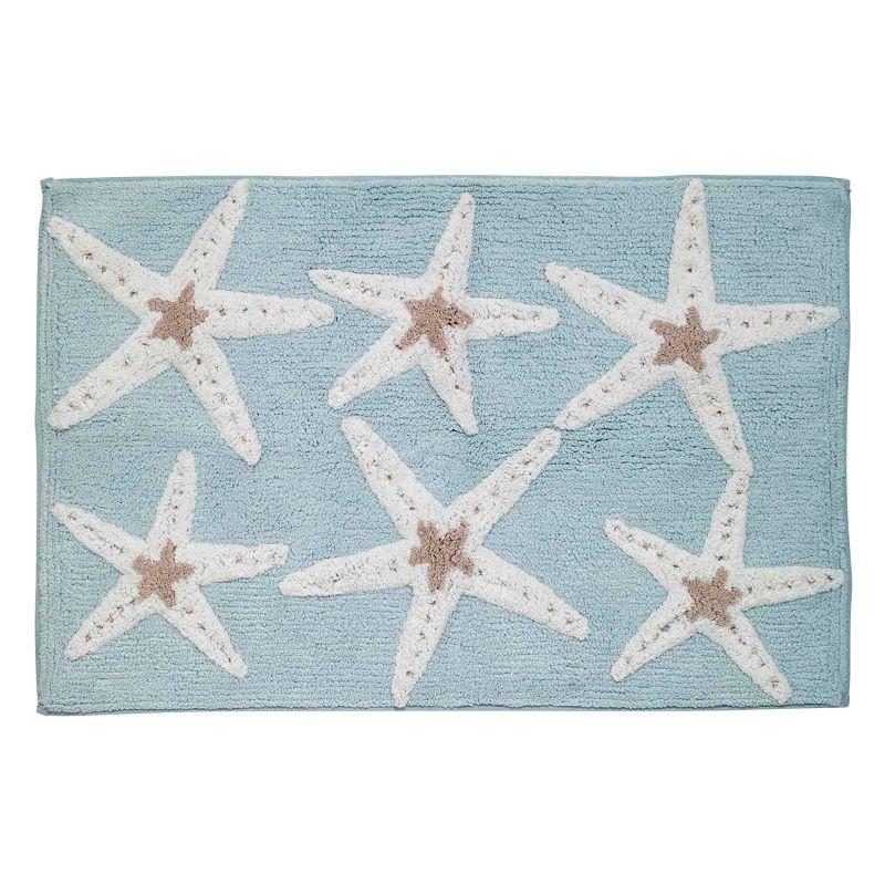 Aqua Blue Cotton Bath Rug with Starfish Design