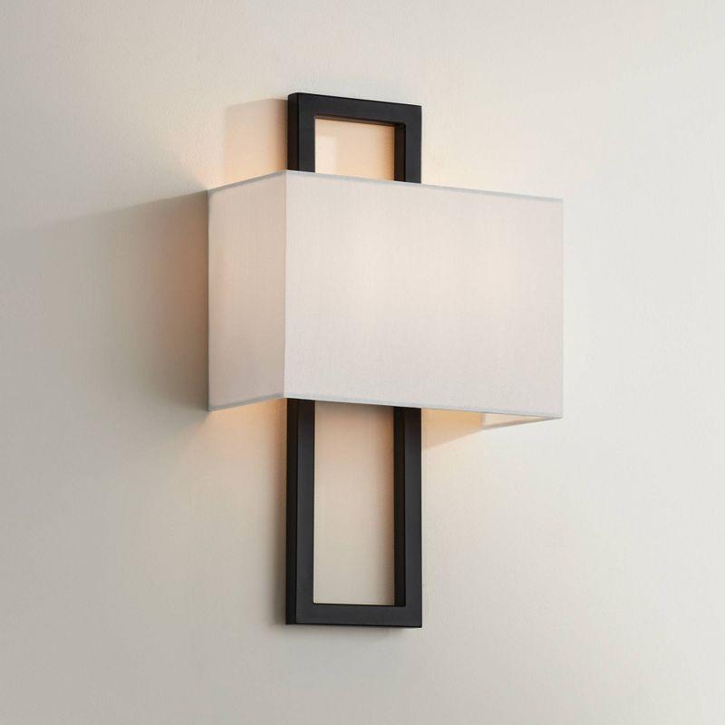 Possini Euro Design Modena Modern Art Deco Wall Light Sconce Black Hardwire 9 1/2" Fixture Silvery Faux Silk Shade for Bedroom Bathroom Vanity Reading