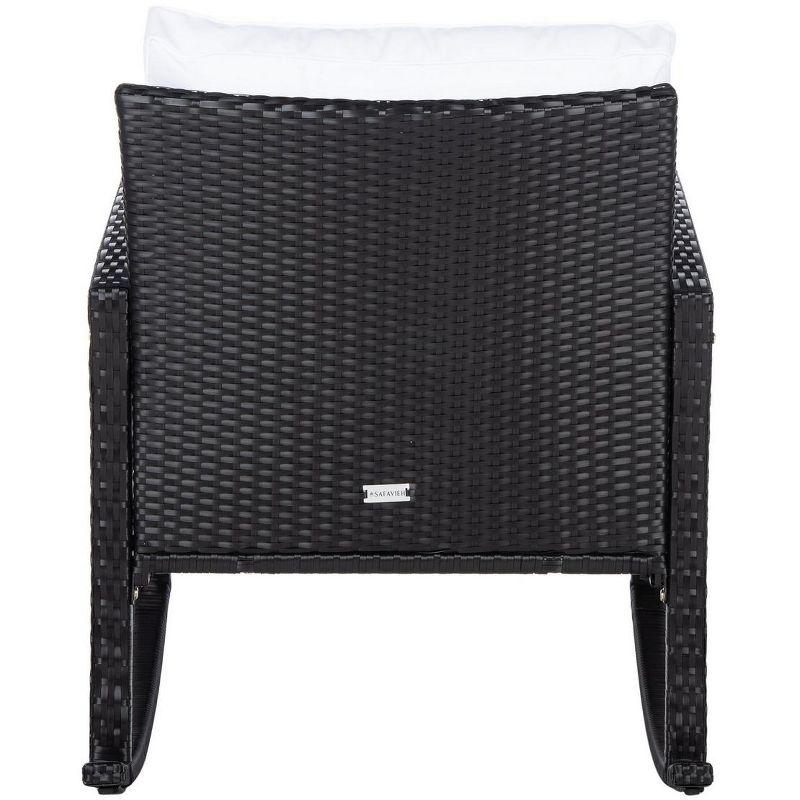 Breezy Black PE Rattan Rocking Chair with Plush White Cushions