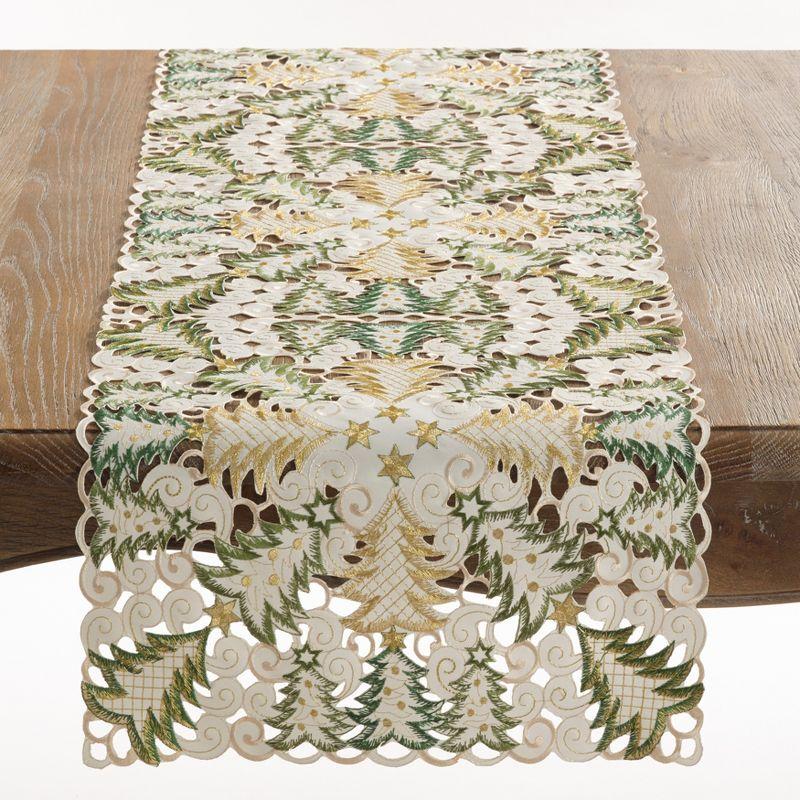 Saro Lifestyle Dining Table Runner With Christmas Tree Cutwork, White, 16" x 68"