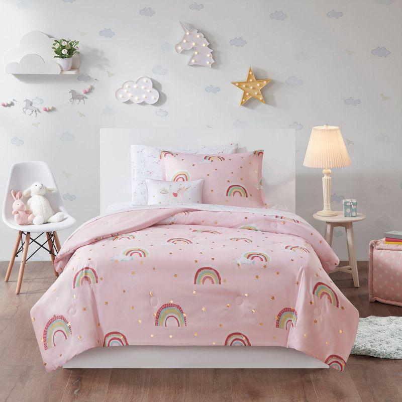Intelligent Design Kids Alicia Rainbow and Metallic Stars Comforter Set with Bed Sheets