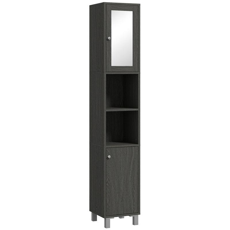 kleankin Tall Bathroom Storage Cabinet with Mirror, Wooden Freestanding Tower Cabinet with Adjustable Shelves for Bathroom or Living Room, Gray
