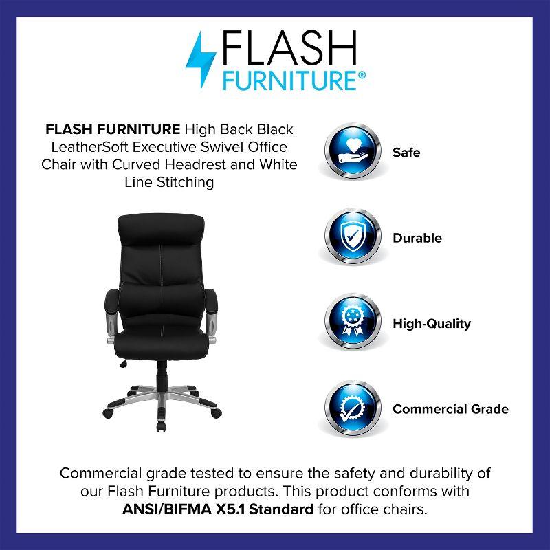 Flash Furniture Karen High Back Black LeatherSoft Executive Swivel Office Chair with Curved Headrest and White Line Stitching