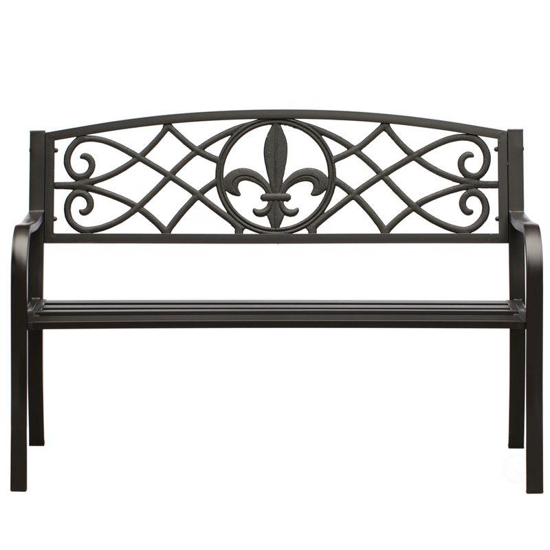 Outdoor Garden Patio Steel Park Bench Lawn Decor with Cast Iron Unique Design Back, Black Seating Bench for Yard, Patio, Garden, Balcony, and Deck