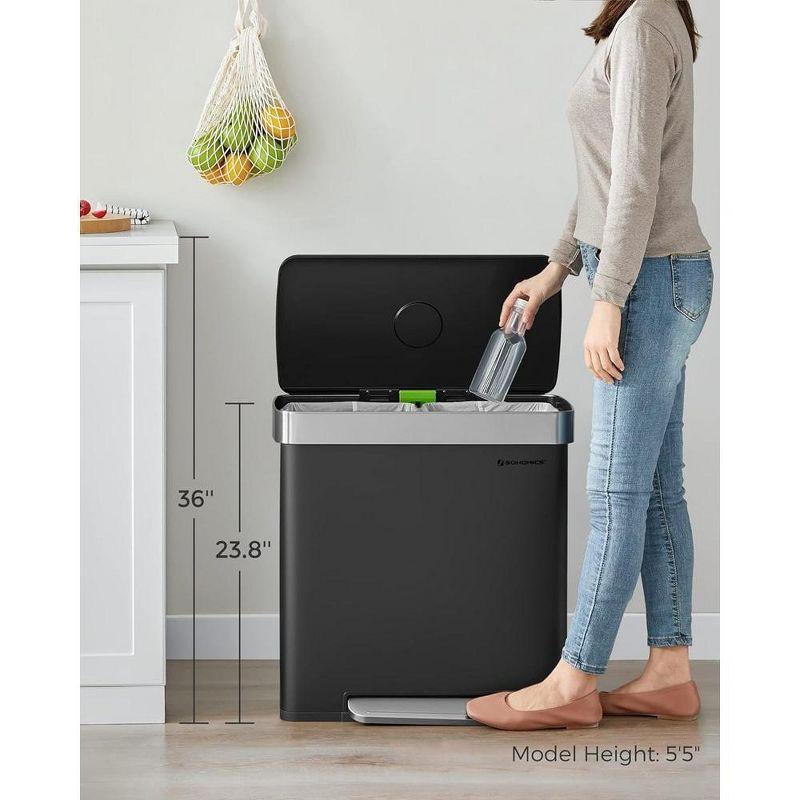 SONGMICS Kitchen Trash Can, 16 Gallon (2 x 8 Gallon) Dual Compartment Garbage Can, 60L Pedal Recycling Bin, 15 Trash Bags Included, Black