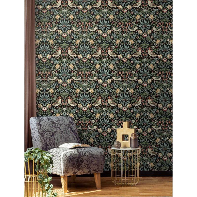 NextWall Aves Garden Peel and Stick Wallpaper Black: Whimsical Vintage Bird & Floral Design, Repositionable, Washable