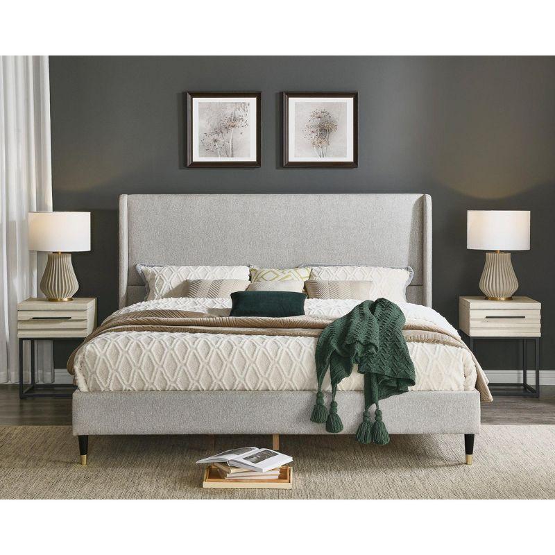 Roundhill Furniture Arles 3-Piece Upholstered Bedroom Set, Wingback Platform Bed with Two Nightstands Light Gray Fabric Queen